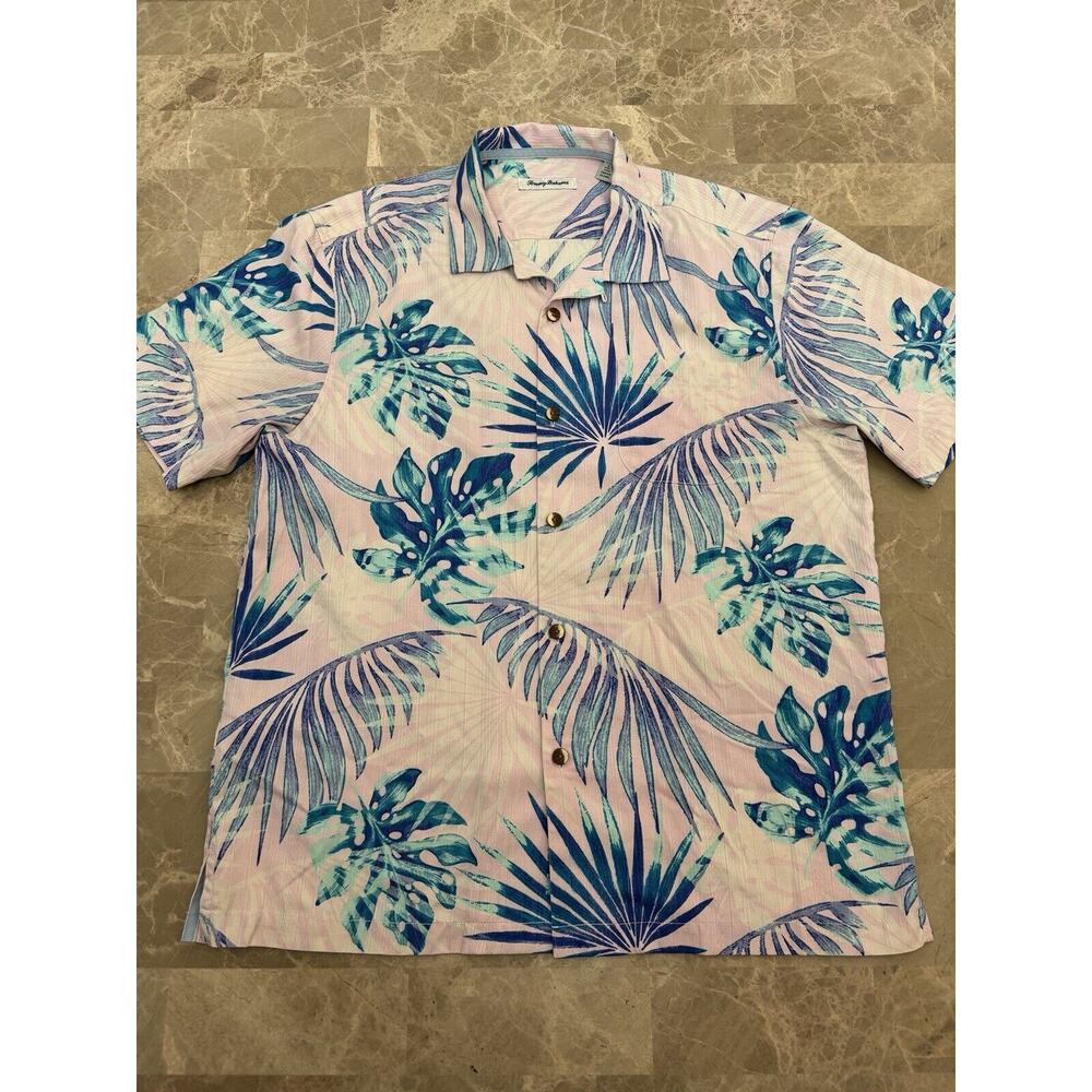 TOMMY BAHAMA Shirt Mens Large Pink Silk Floral Hawaiian Camp Casual